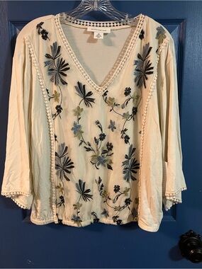 Skye's the Limit Cream V-Neck Embroidered Floral Blouse
